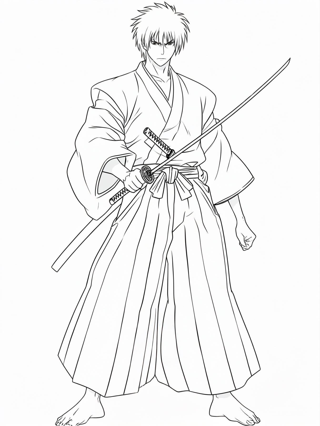 Rurouni Kenshin with his famous sword standing in prepare to fight posture.