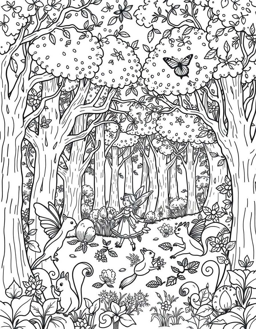A whimsical forest with chattering trees, dancing fairies, and curious squirrels.