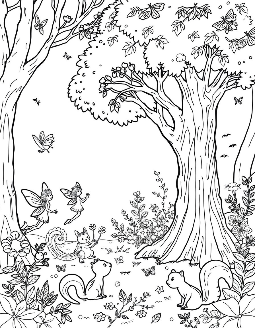 A whimsical forest with chattering trees, dancing fairies, and curious squirrels.