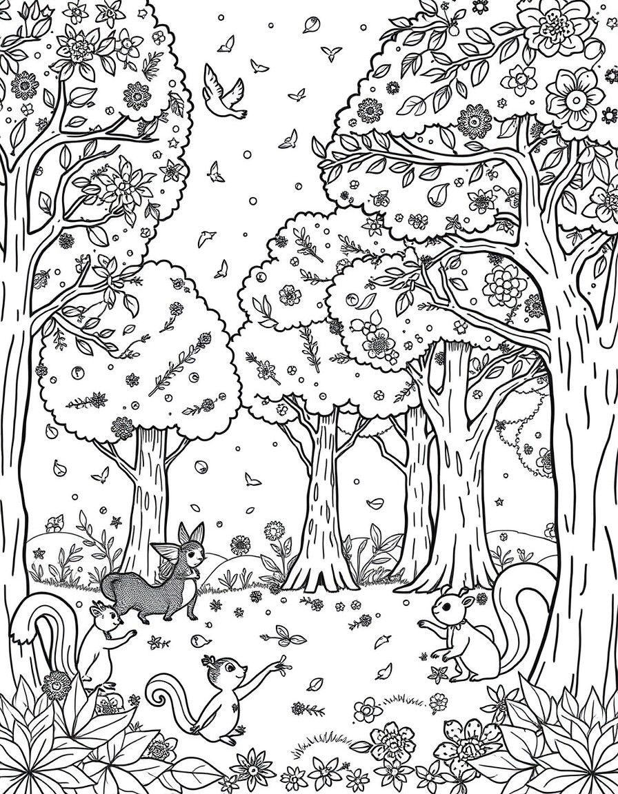 A whimsical forest with chattering trees, dancing fairies, and curious squirrels.