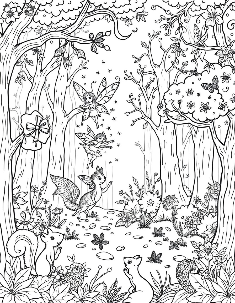 A whimsical forest with chattering trees, dancing fairies, and curious squirrels.