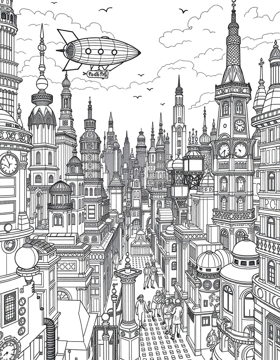 A steampunk cityscape with inventors, airship pilots, and clockwork robots.