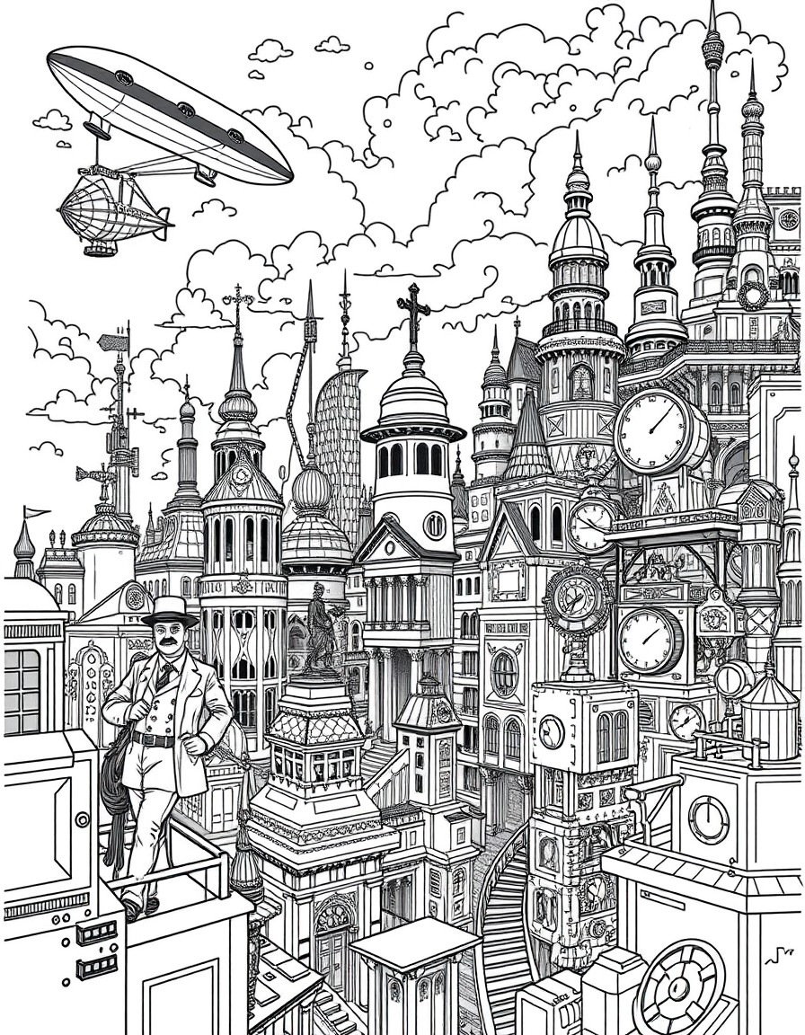 A steampunk cityscape with inventors, airship pilots, and clockwork robots.