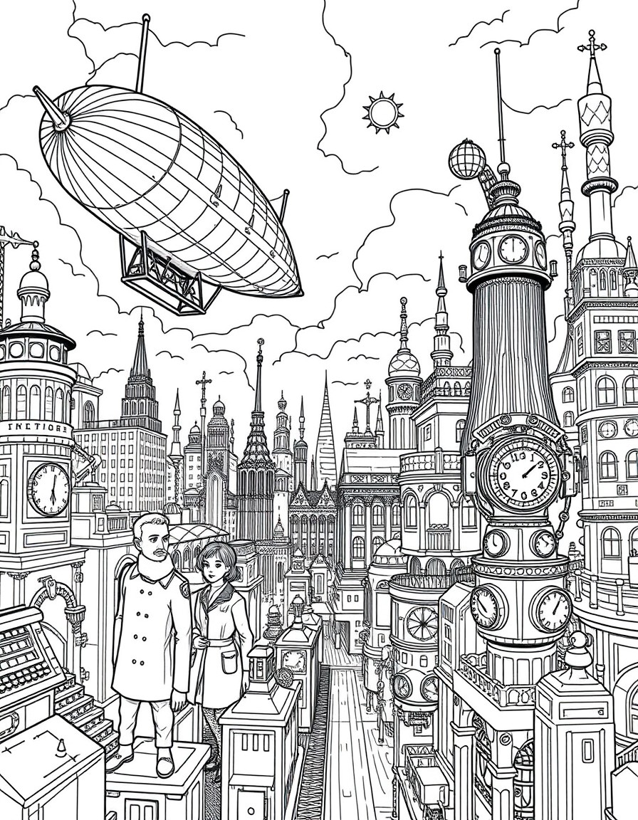 A steampunk cityscape with inventors, airship pilots, and clockwork robots.