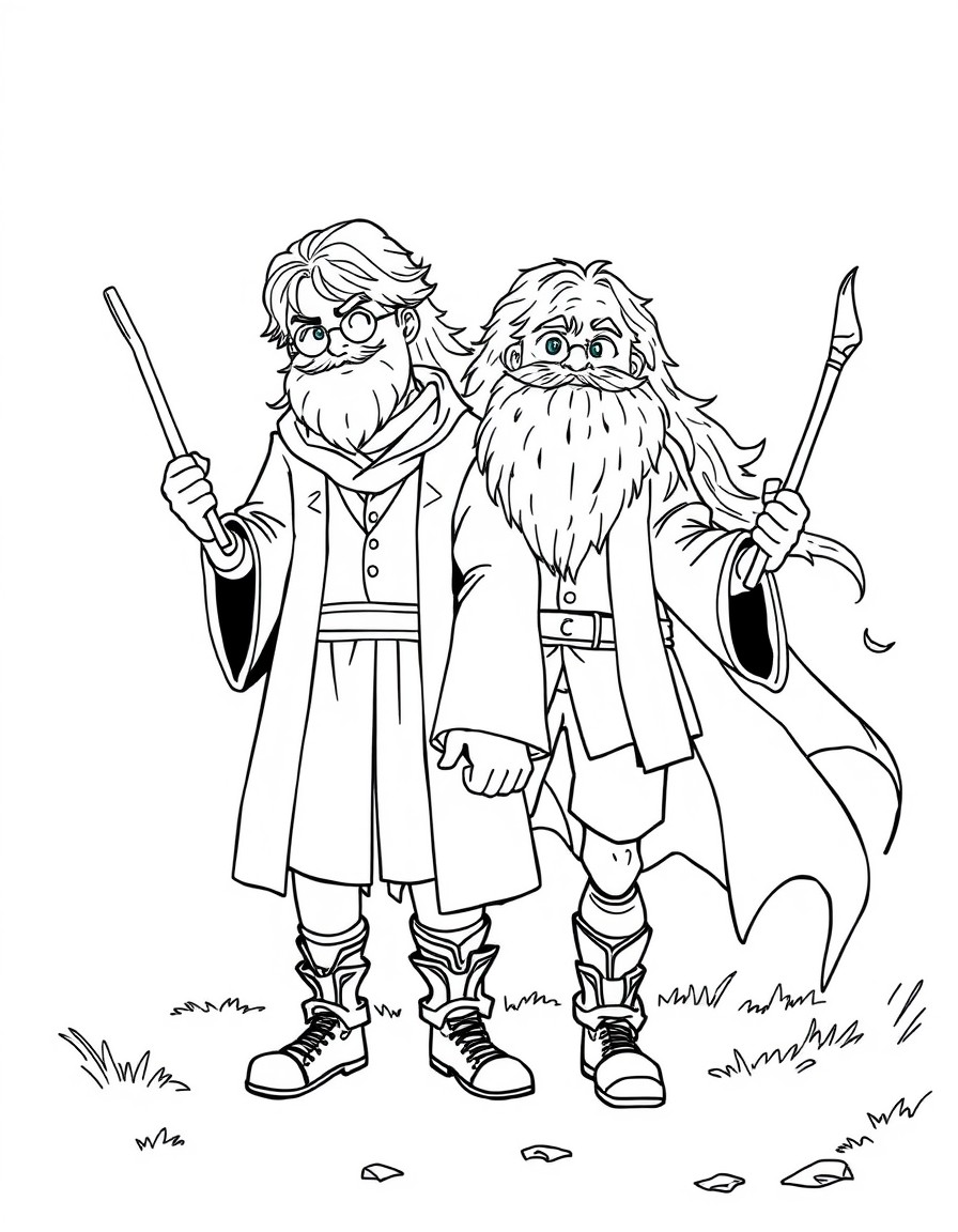 Make an anime image of harry Potter and hagrid