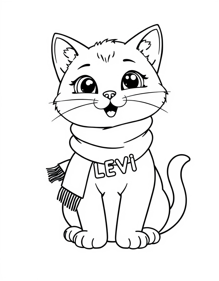 a cute cat with red scarf that has the name 'LEVI' on it