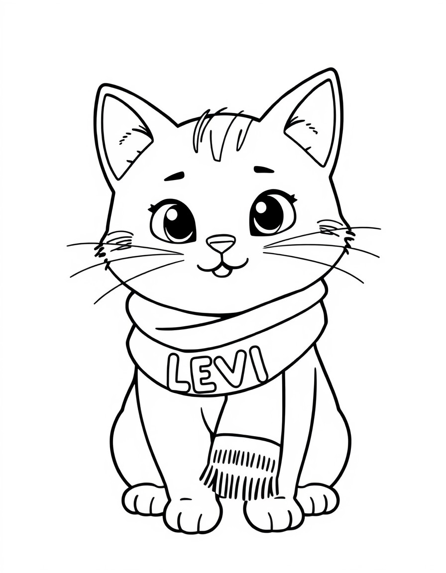 a cute cat with red scarf that has the name 'LEVI' on it