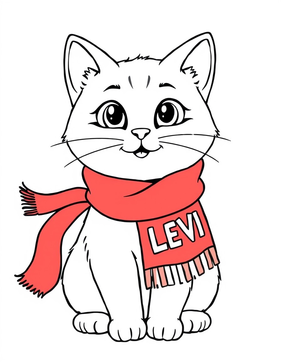 a cute cat with red scarf that has the name 'LEVI' on it