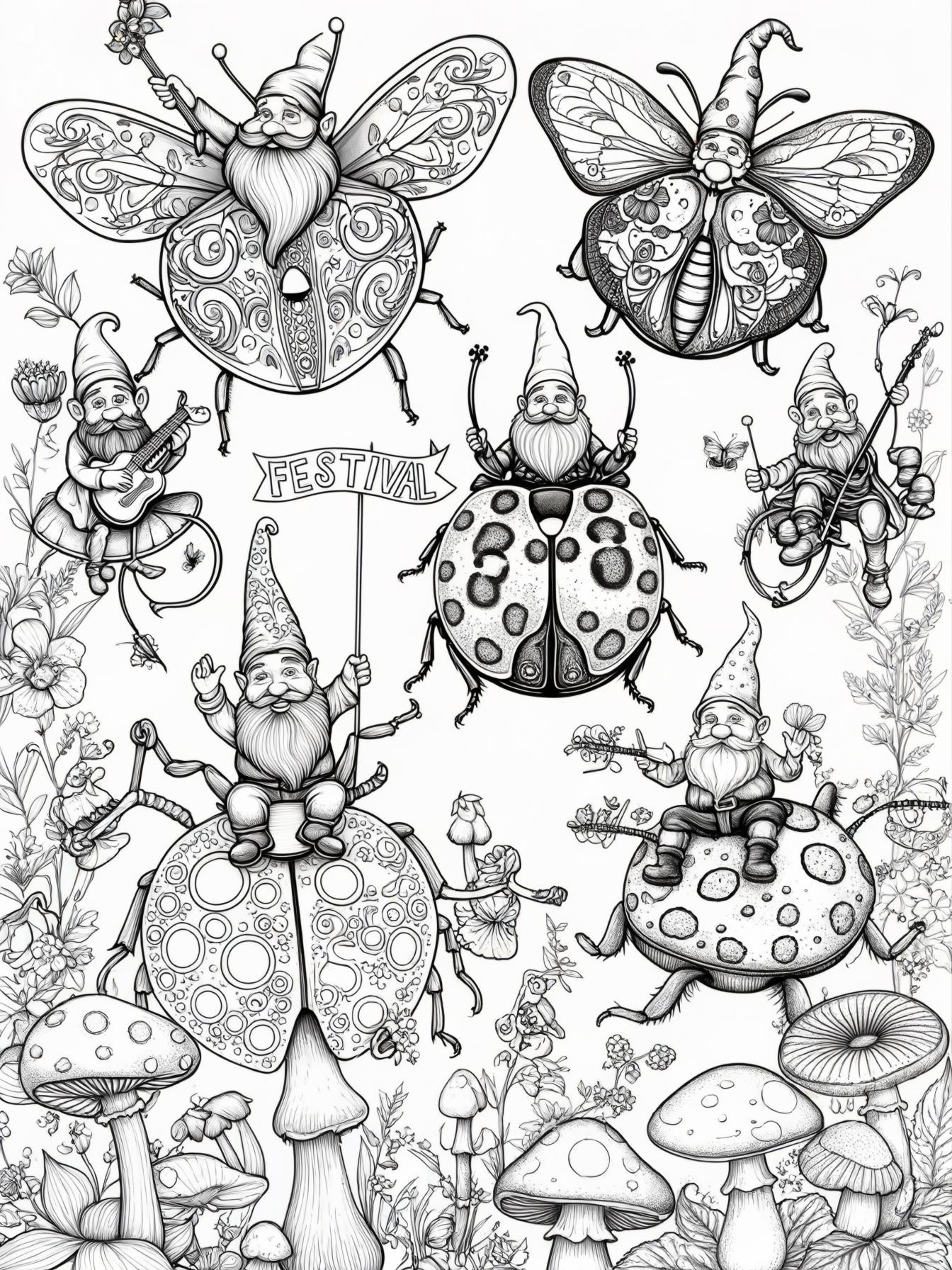 A garden gnome festival where gnomes ride on ladybugs and butterflies