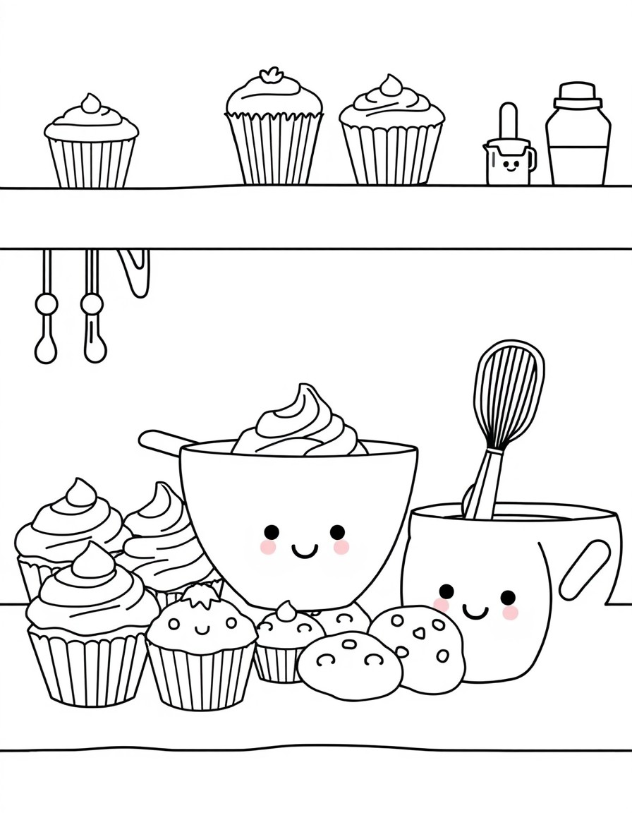Cute kitchen scene with cupcakes, smiling mixing bowls, whisks, and cookies with faces  whimsical line drawing for a coloring book, cozy and playful style
