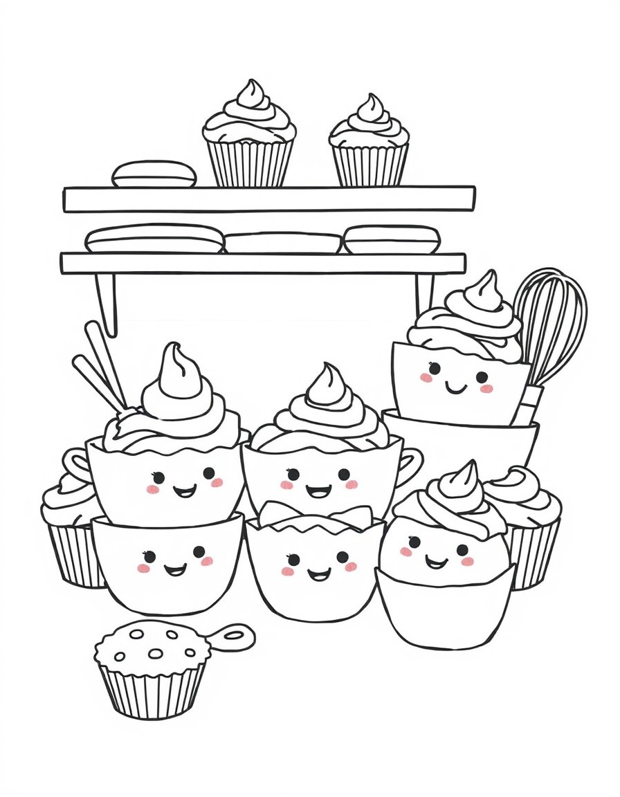 Cute kitchen scene with cupcakes, smiling mixing bowls, whisks, and cookies with faces  whimsical line drawing for a coloring book, cozy and playful style