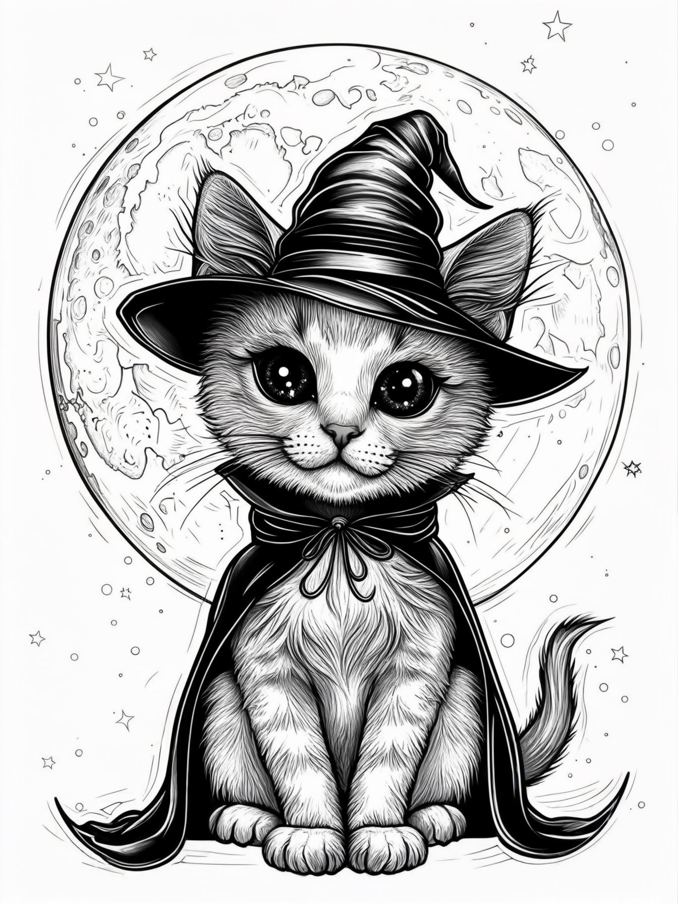 1 A cute gothic cat sitting under a full moon, big sparkling eyes, wearing a small black cape and a witch hat, coloring book style, black and white line art, no background, highly detailed