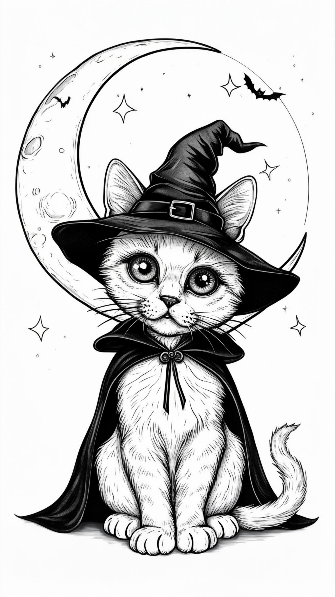 1 A cute gothic cat sitting under a full moon, big sparkling eyes, wearing a small black cape and a witch hat, coloring book style, black and white line art, no background, highly detailed
