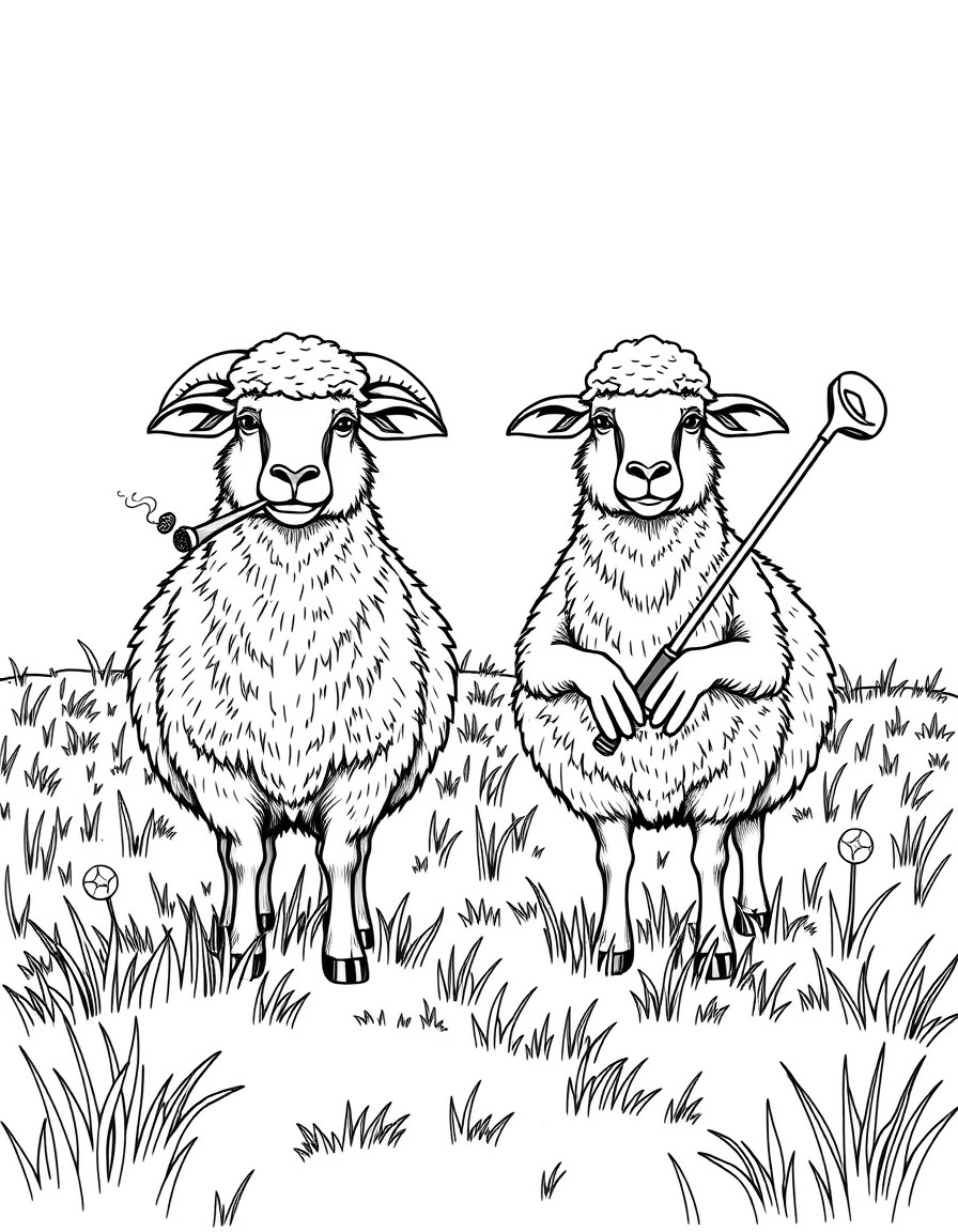 Create 2 sheep standing in a meadow. They are created anthropomorhically. One is smoking a cigar and the other one is golfing