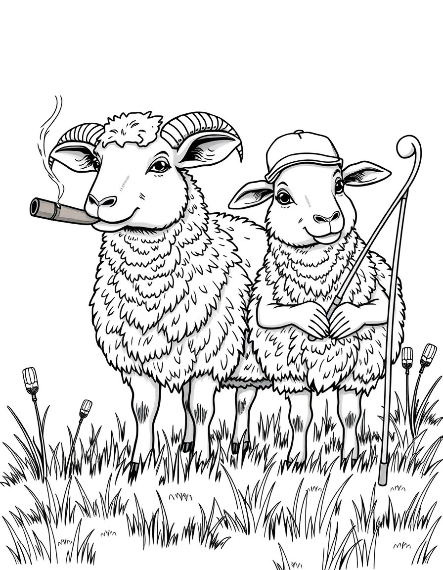 Create 2 sheep standing in a meadow. They are created anthropomorhically. One is smoking a cigar and the other one is golfing