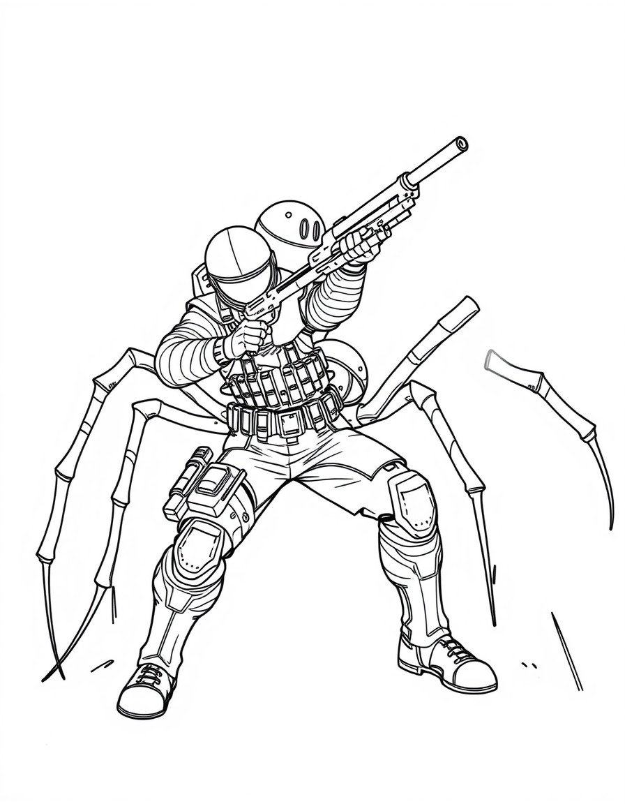 A ranger in a battlingshooting pose against a spider in the universe of the game Earth Defense Force