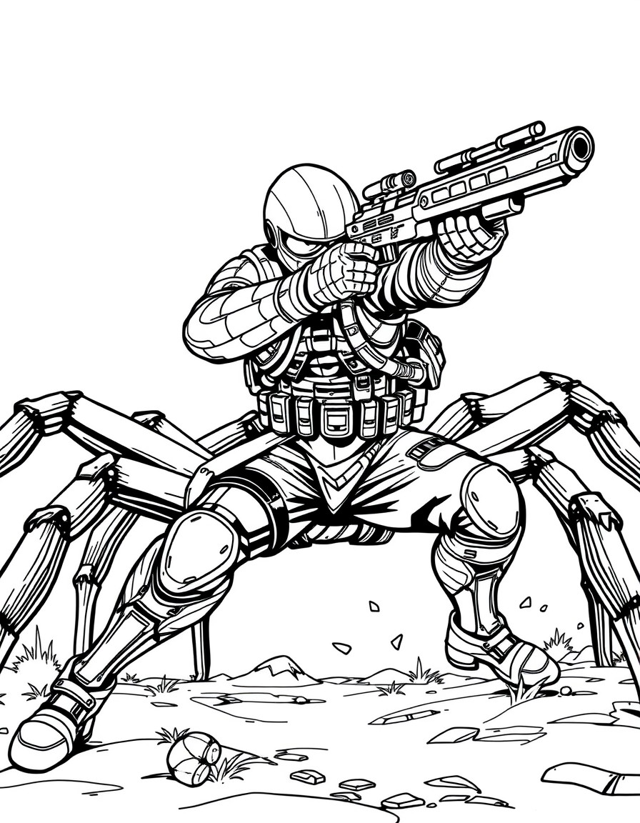 A ranger in a battlingshooting pose against a spider in the universe of the game Earth Defense Force