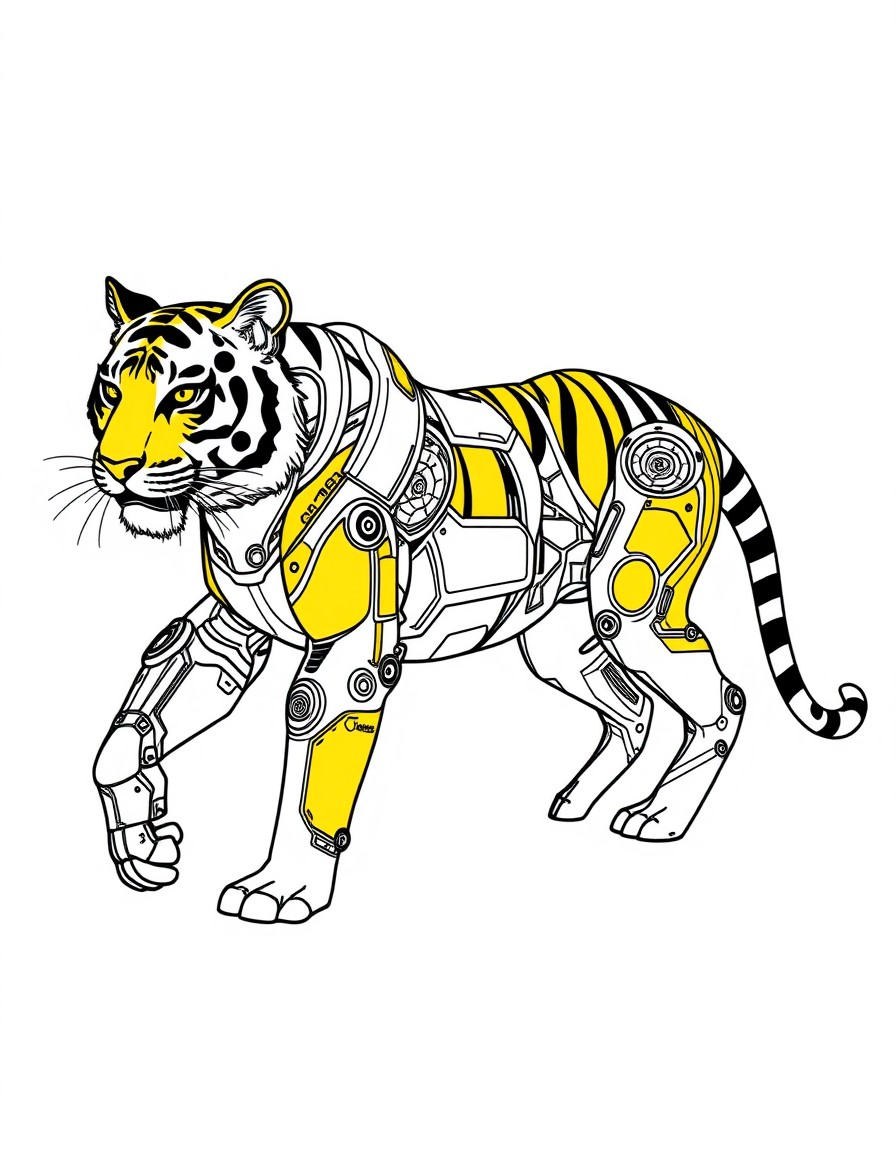 Create a video A Bio-Mechanical Fusion Evolution of tiger, blending organic forms with cybernetic enhancements in a seamless transformation. Utilize metallic black and yelow tones to highlight the syn