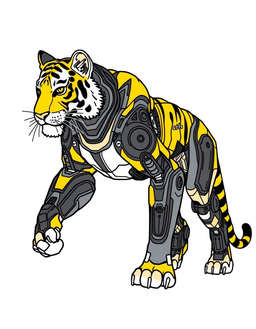 Create a video A Bio-Mechanical Fusion Evolution of tiger, blending organic forms with cybernetic enhancements in a seamless transformation. Utilize metallic black and yelow tones to highlight the syn