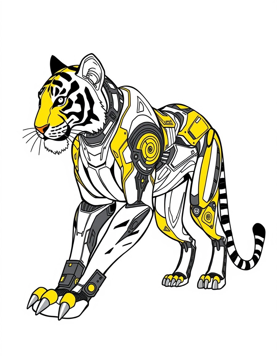 Create a video A Bio-Mechanical Fusion Evolution of tiger, blending organic forms with cybernetic enhancements in a seamless transformation. Utilize metallic black and yelow tones to highlight the syn