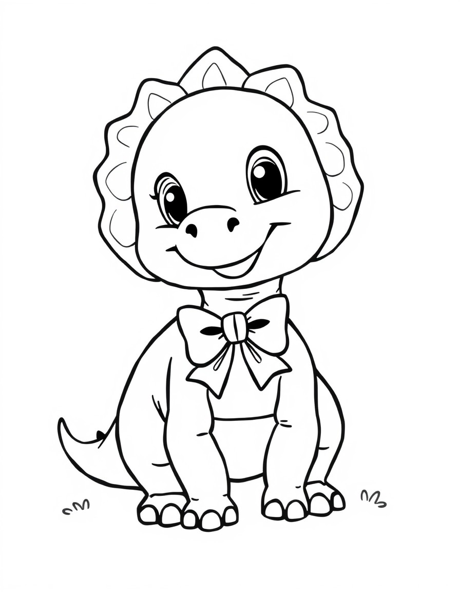 A CUTE DINOSAUR WITH A BOW IN THE NECK SMILING