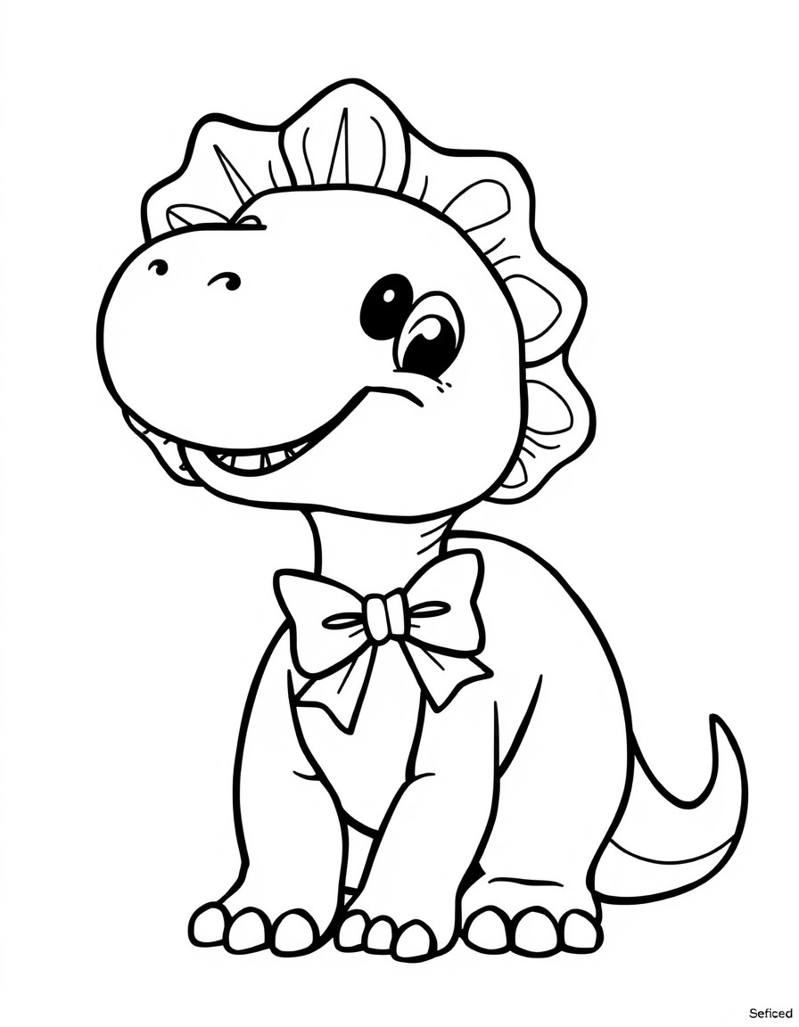 A CUTE DINOSAUR WITH A BOW IN THE NECK SMILING