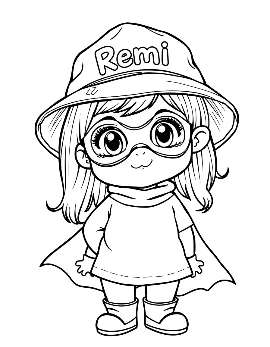 Cute tiny girl baby superhero wearing a bucket hat with the name Remi on it