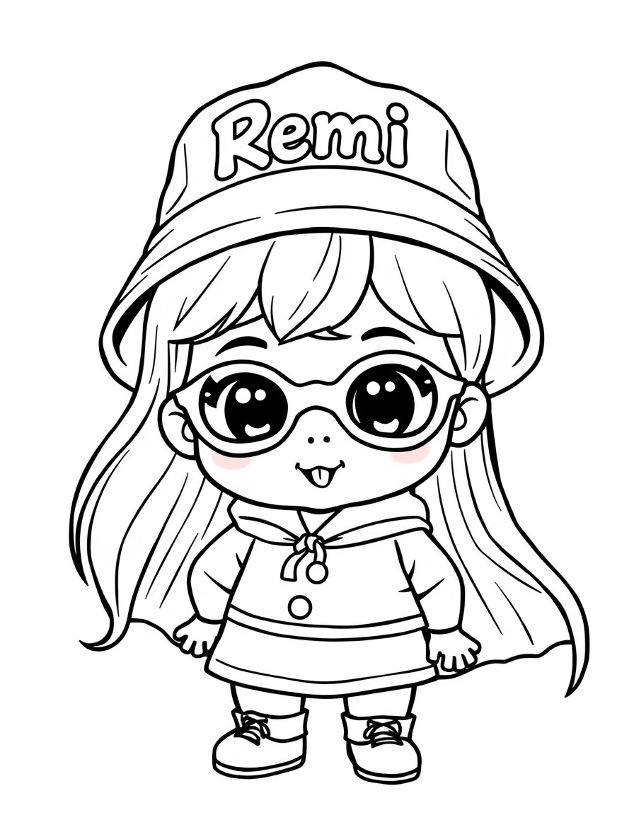 Cute tiny girl baby superhero wearing a bucket hat with the name Remi on it