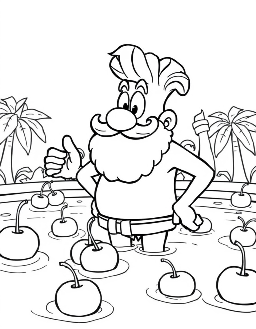 Grimace as a lifeguard at a Sundae Pool with floating cherries.