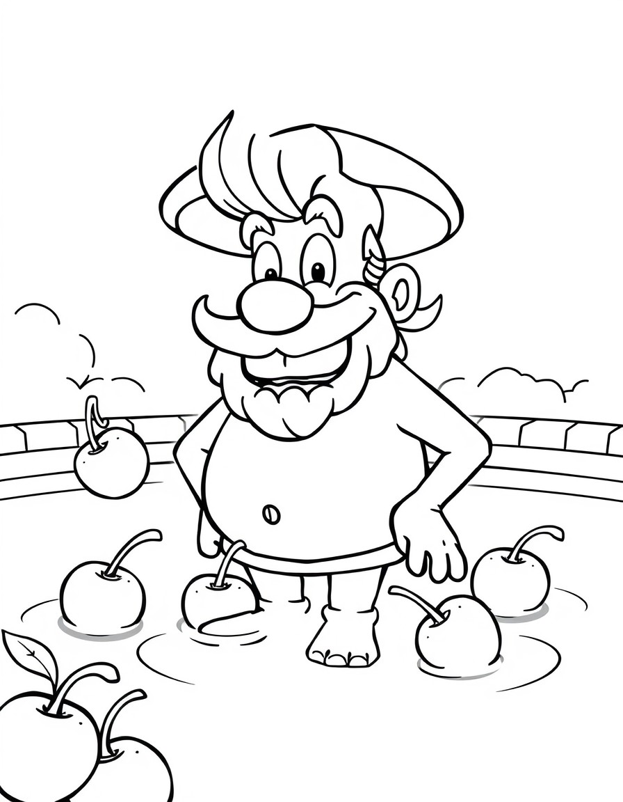 Grimace as a lifeguard at a Sundae Pool with floating cherries.