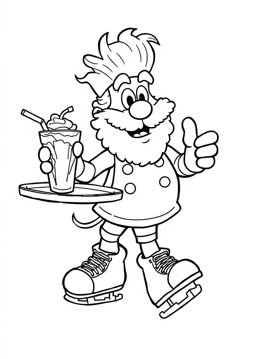 Grimace wearing roller skates, delivering shakes on a retro diner tray.