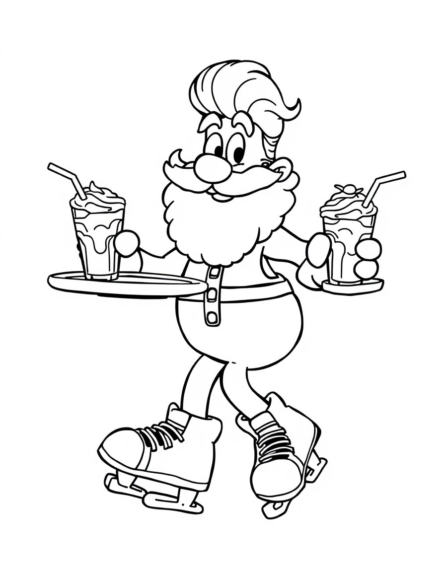 Grimace wearing roller skates, delivering shakes on a retro diner tray.