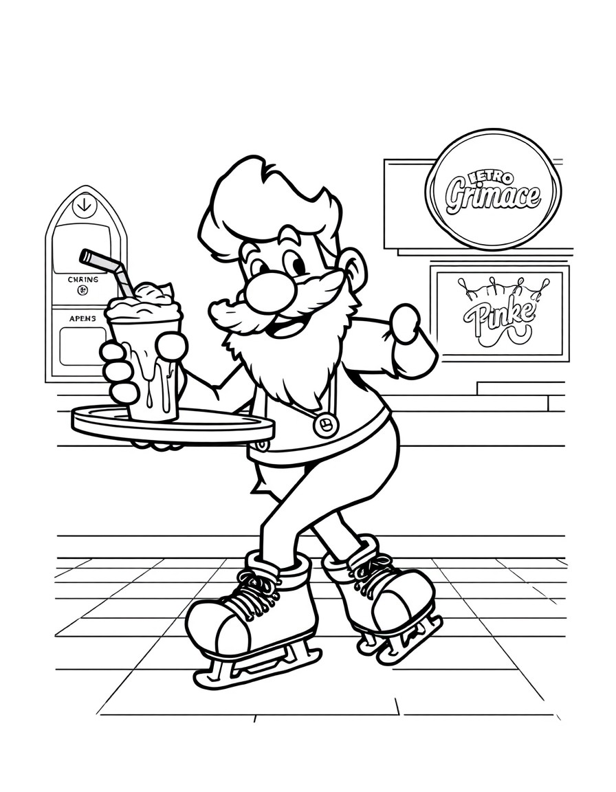 Grimace wearing roller skates, delivering shakes on a retro diner tray.