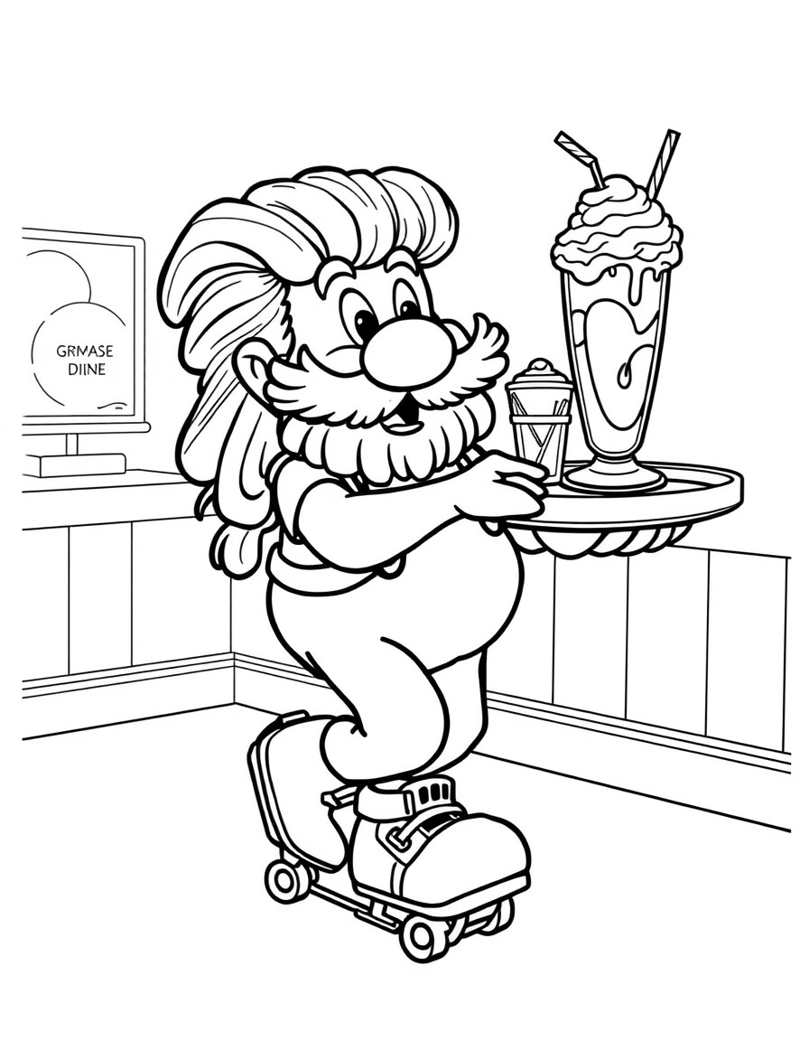 Grimace wearing roller skates, delivering shakes on a retro diner tray.