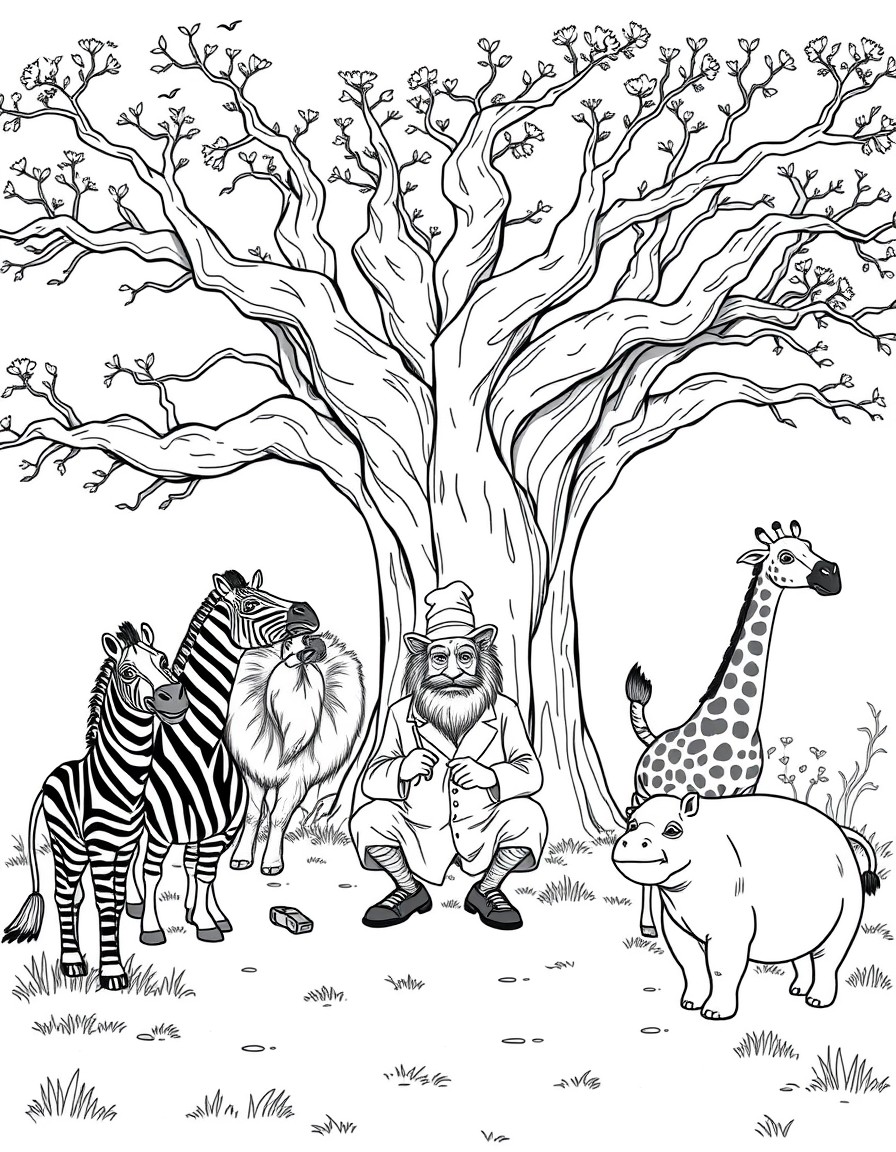 an old doctor cures lion, zebras, giraffes, parrots, a baby hippo under an old baobab