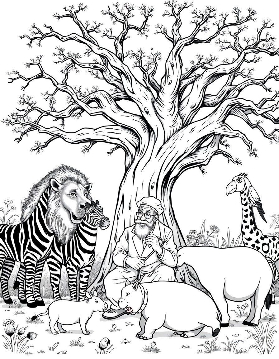 an old doctor cures lion, zebras, giraffes, parrots, a baby hippo under an old baobab