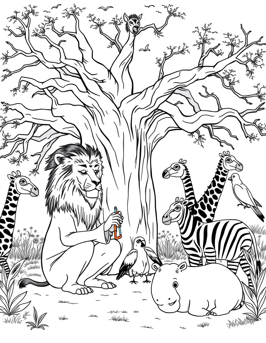 an old doctor cures lion, zebras, giraffes, parrots, a baby hippo under an old baobab