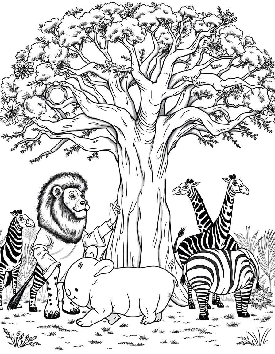 an old doctor cures lion, zebras, giraffes, parrots, a baby hippo under an old baobab