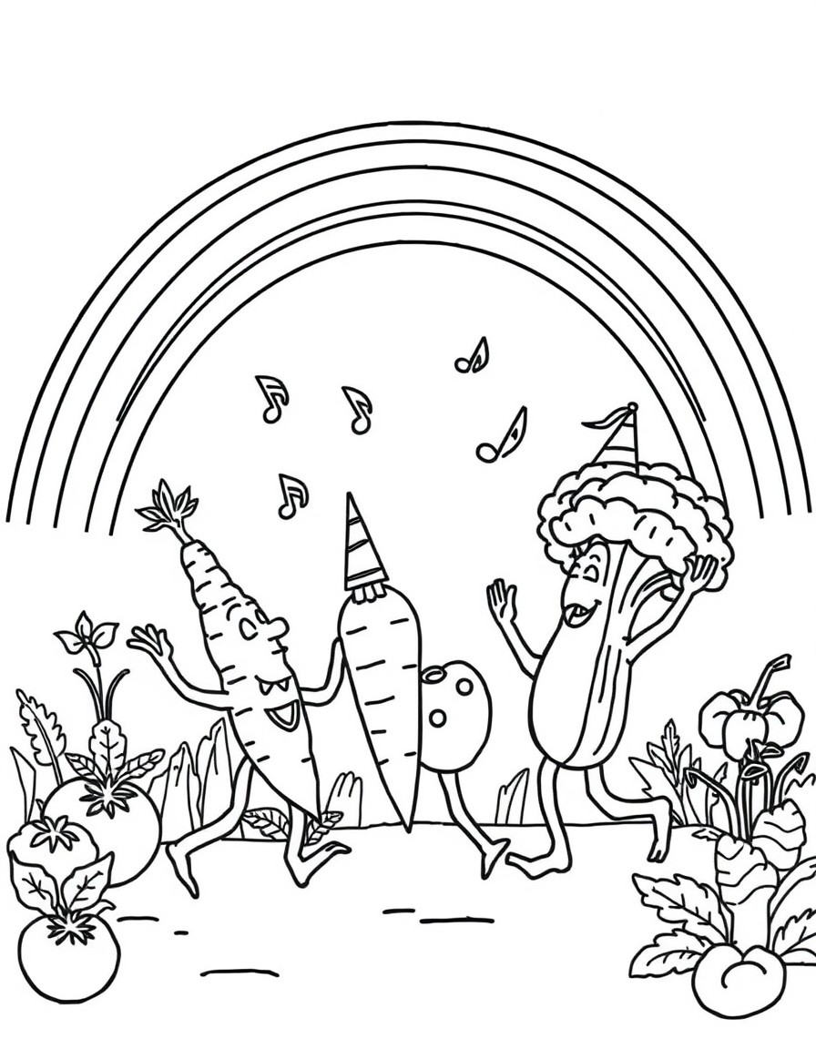 "Dancing Veggie Garden Party!" Draw carrots, tomatoes, and broccoli dancing under a rainbow. Add music notes and party hats!