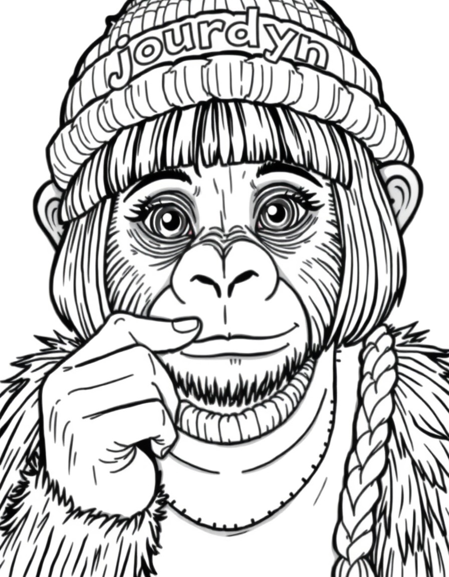 a girl that looks like a gorilla. she has a bob haircut and is wearing a wool hat with the name jourdyn on it. she is also picking her nose
