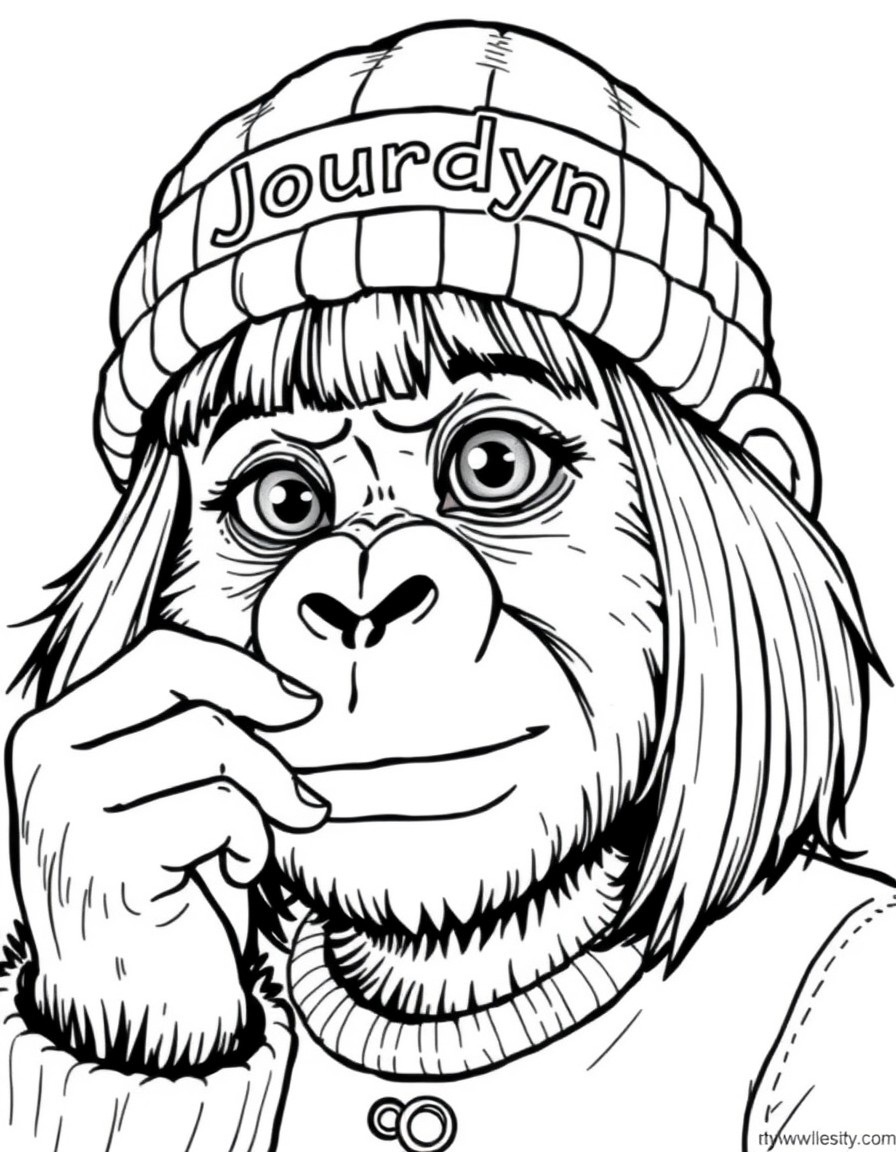 a girl that looks like a gorilla. she has a bob haircut and is wearing a wool hat with the name jourdyn on it. she is also picking her nose