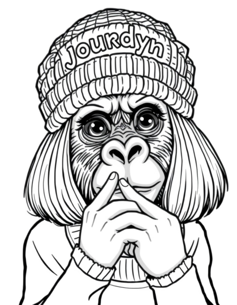 a girl that looks like a gorilla. she has a bob haircut and is wearing a wool hat with the name jourdyn on it. she is also picking her nose