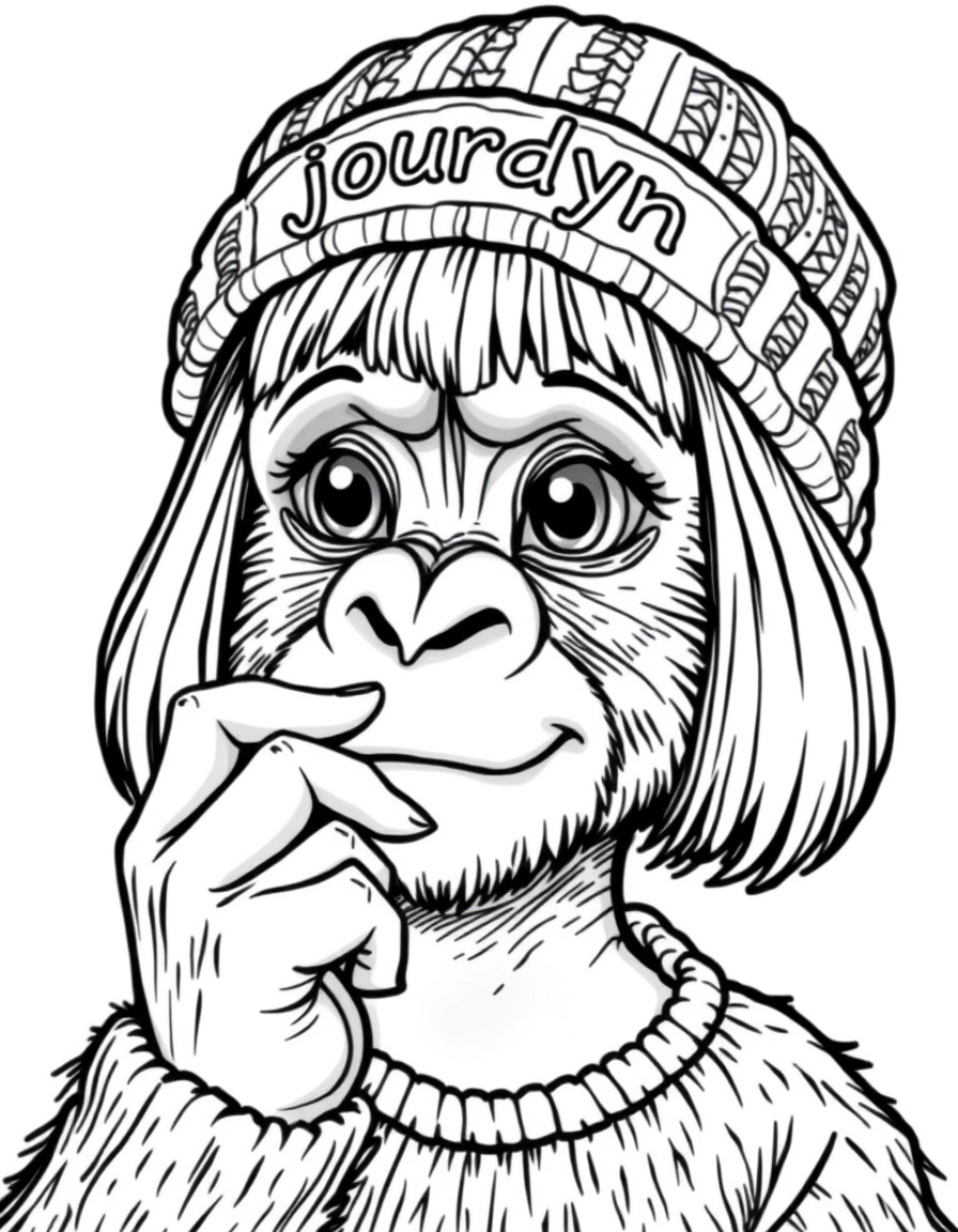 a girl that looks like a gorilla. she has a bob haircut and is wearing a wool hat with the name jourdyn on it. she is also picking her nose
