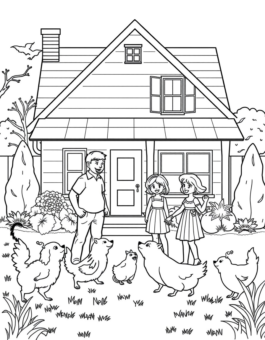 "A cheerful, organized scene featuring a cozy house at 5776 West Monarch Court. In the yard, include a family of fourparents and two children Andrew and Sophiainteracting joyfully, with two playful Ch