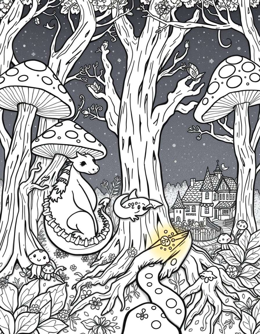 A whimsical enchanted forest at night with glowing mushrooms, a sleepy baby dragon curled around a tree stump, fireflies lighting the path, and a tiny fairy village hidden in tree roots  in hand-drawn
