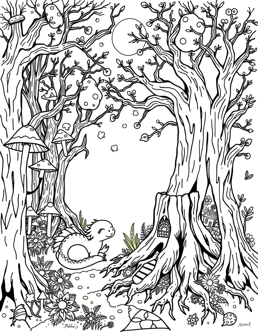 A whimsical enchanted forest at night with glowing mushrooms, a sleepy baby dragon curled around a tree stump, fireflies lighting the path, and a tiny fairy village hidden in tree roots  in hand-drawn