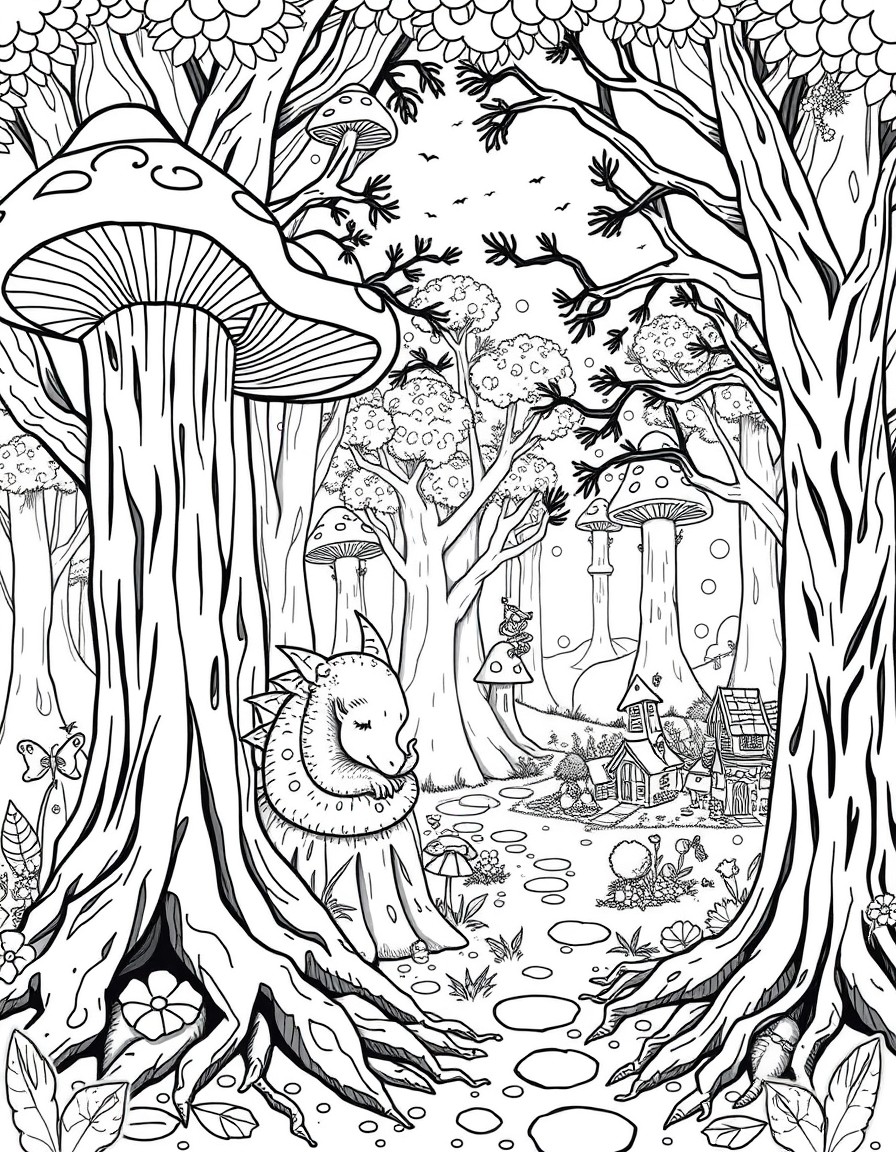 A whimsical enchanted forest at night with glowing mushrooms, a sleepy baby dragon curled around a tree stump, fireflies lighting the path, and a tiny fairy village hidden in tree roots  in hand-drawn