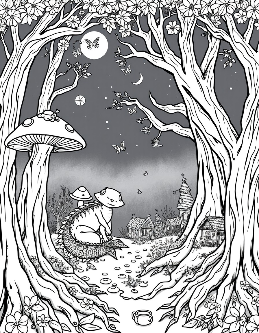 A whimsical enchanted forest at night with glowing mushrooms, a sleepy baby dragon curled around a tree stump, fireflies lighting the path, and a tiny fairy village hidden in tree roots  in hand-drawn