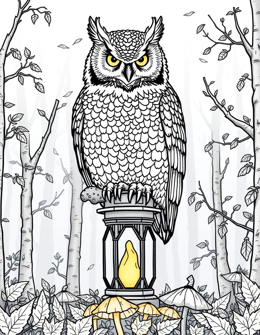 A majestic owl perched on an old lantern in a foggy forest, surrounded by falling autumn leaves and glowing mushrooms at the base, feathers highly detailed with layered patterns and fine textures, dre