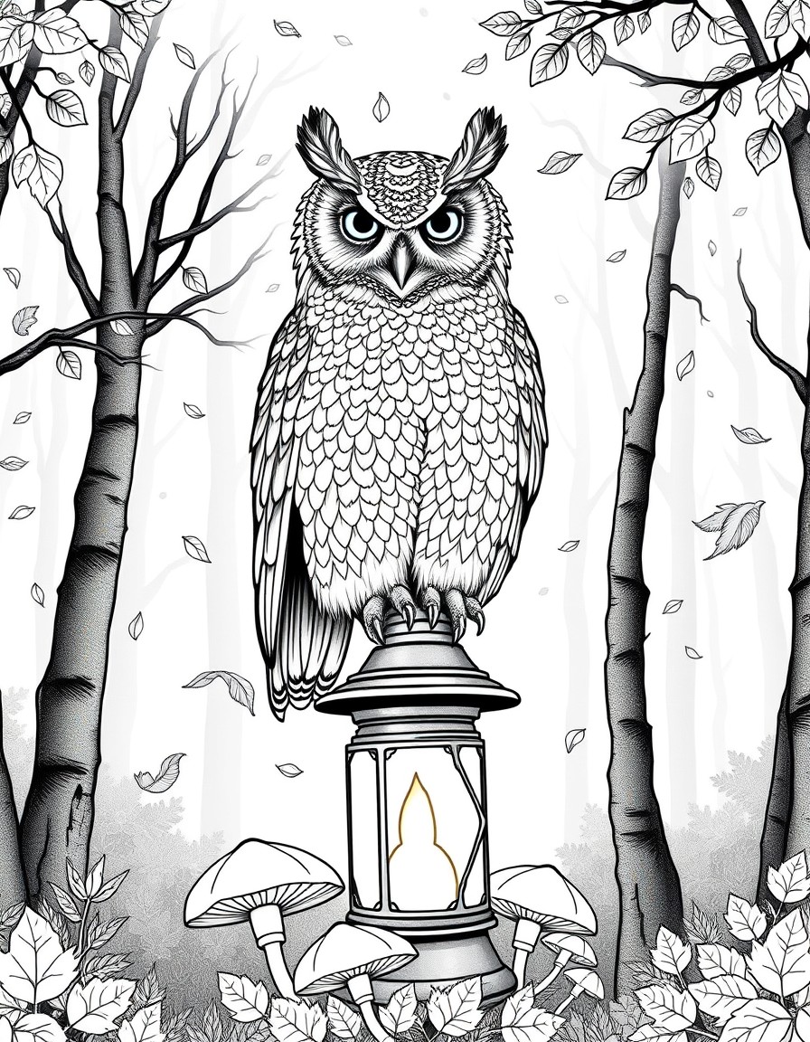 A majestic owl perched on an old lantern in a foggy forest, surrounded by falling autumn leaves and glowing mushrooms at the base, feathers highly detailed with layered patterns and fine textures, dre